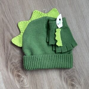 Green Dinosaur Knit Hat and Fingerless Gloves Set